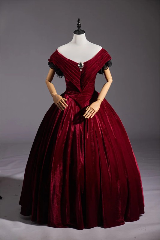 Victorian Red Velvet Dress Gothic Civil War Southern Belle Ball Bridal Gowns