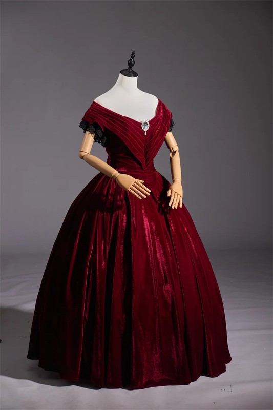 Victorian Red Velvet Dress Gothic Civil War Southern Belle Ball Bridal Gowns