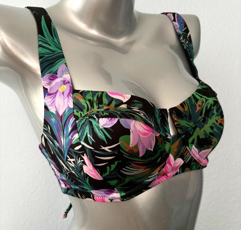Victorias Secret Black Tropical Lace Up Back Full Coverage Swim Bikini Top