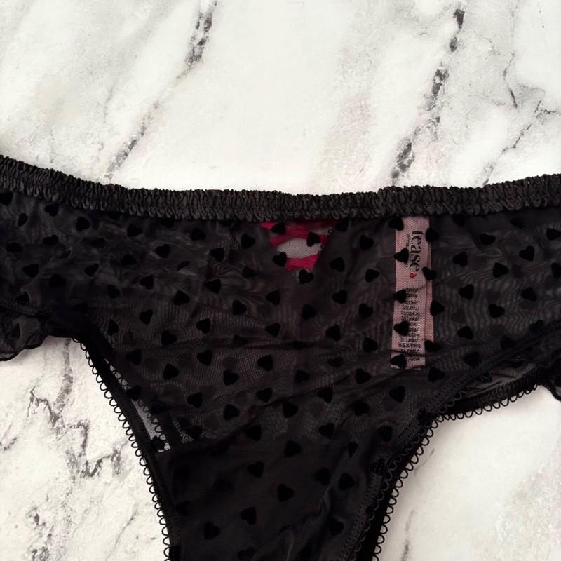 Victorias Secret Nwt Tease Black Mesh Heart Flocked Ruffle Cheeky Panty XL