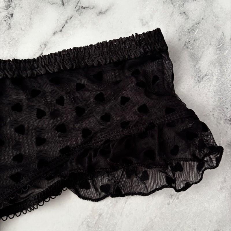 Victorias Secret Nwt Tease Black Mesh Heart Flocked Ruffle Cheeky Panty XL