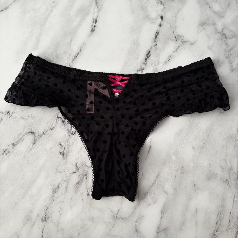 Victorias Secret Nwt Tease Black Mesh Heart Flocked Ruffle Cheeky Panty XL