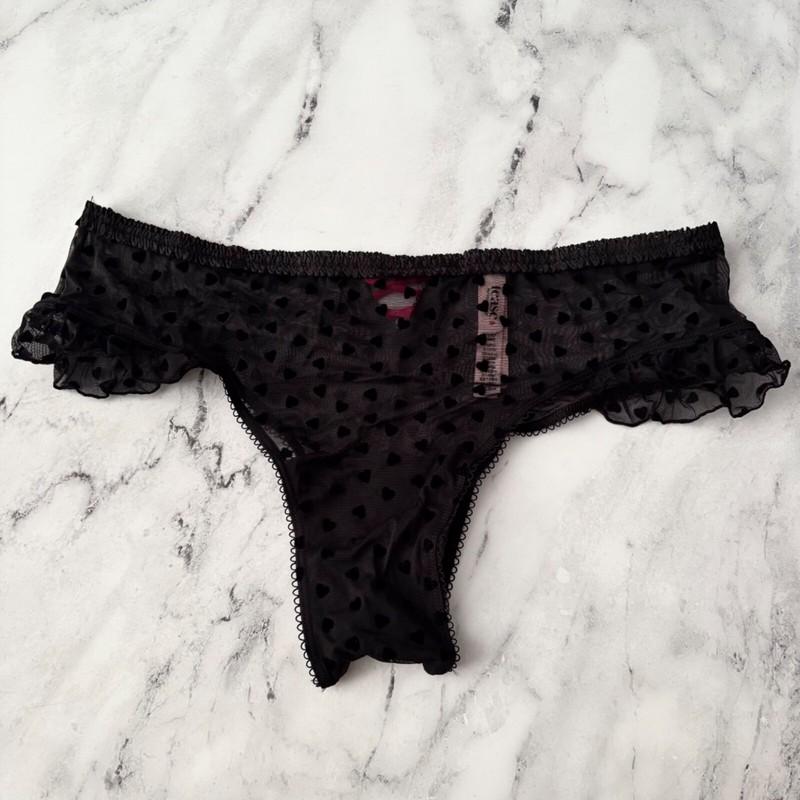 Victorias Secret Nwt Tease Black Mesh Heart Flocked Ruffle Cheeky Panty XL