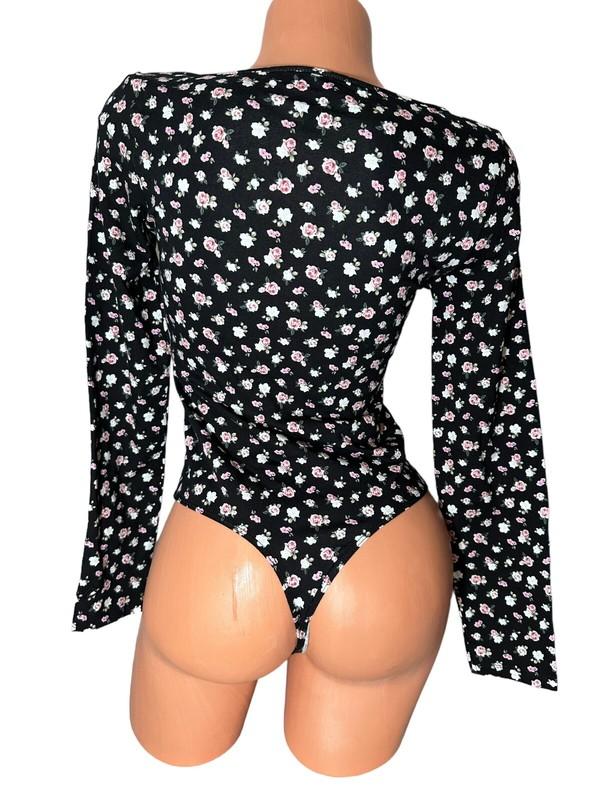 Victorias Secret PINK Long Sleeve Pull On Body Suit Black Floral Roses XL