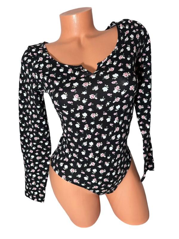 Victorias Secret PINK Long Sleeve Pull On Body Suit Black Floral Roses XL