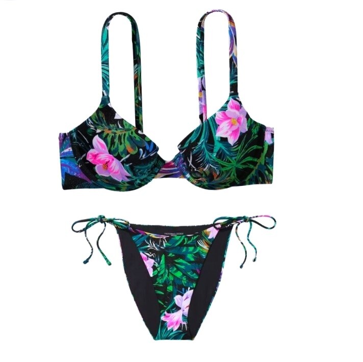 Victorias Secret Swim 34C S M Push Up Top Bikini Set Side Tie Cheeky Floral