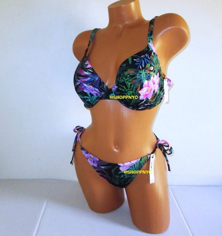 Victorias Secret Swim 34C S M Push Up Top Bikini Set Side Tie Cheeky Floral