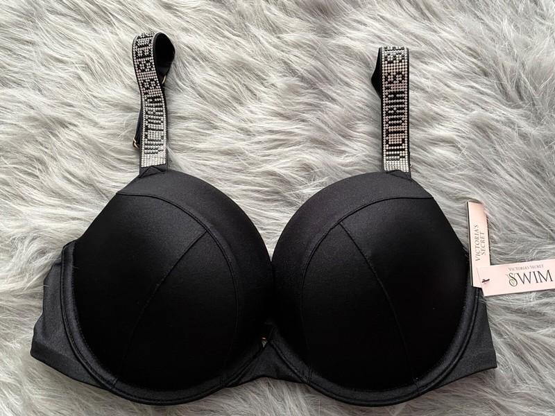 Victorias Secret Swim Bikini Set Sexy Tee Top & Bottom Black Shine Strap 34D / S