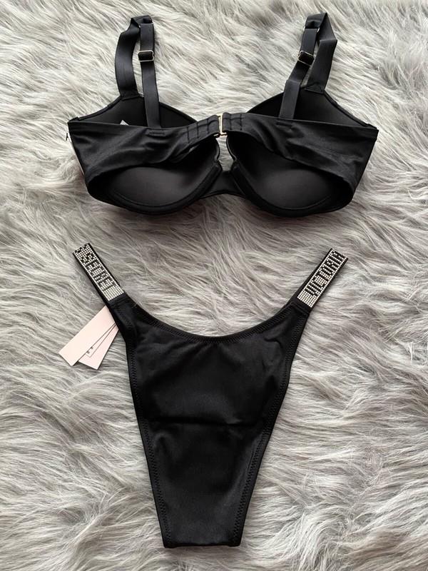 Victorias Secret Swim Bikini Set Sexy Tee Top & Bottom Black Shine Strap 34D / S