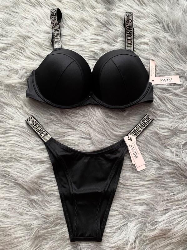 Victorias Secret Swim Bikini Set Sexy Tee Top & Bottom Black Shine Strap 34D / S