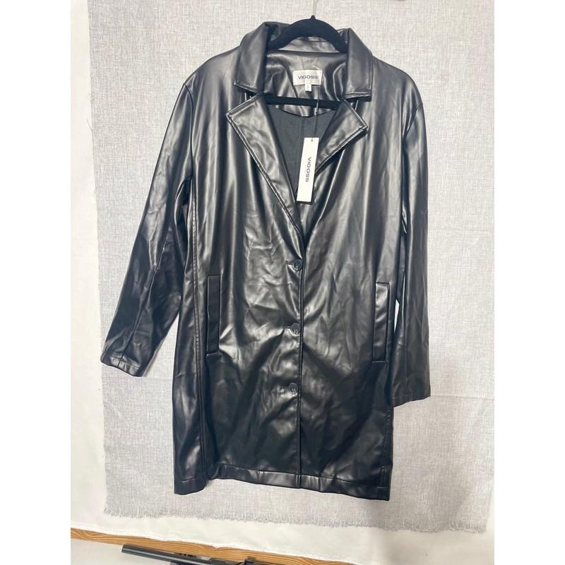 Vigoss Black Faux Leather Coat Women's Long Button Up Jacket Size L Blazer