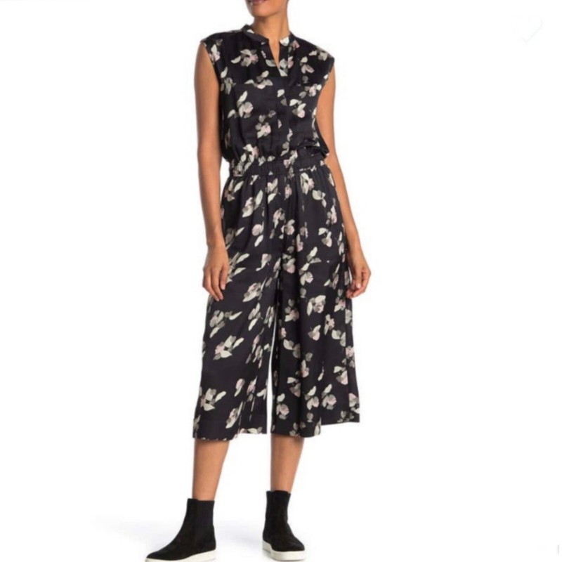 Vince Petals Waterfall Floral Wide Leg Cropped Jumpsuit Black Size XL