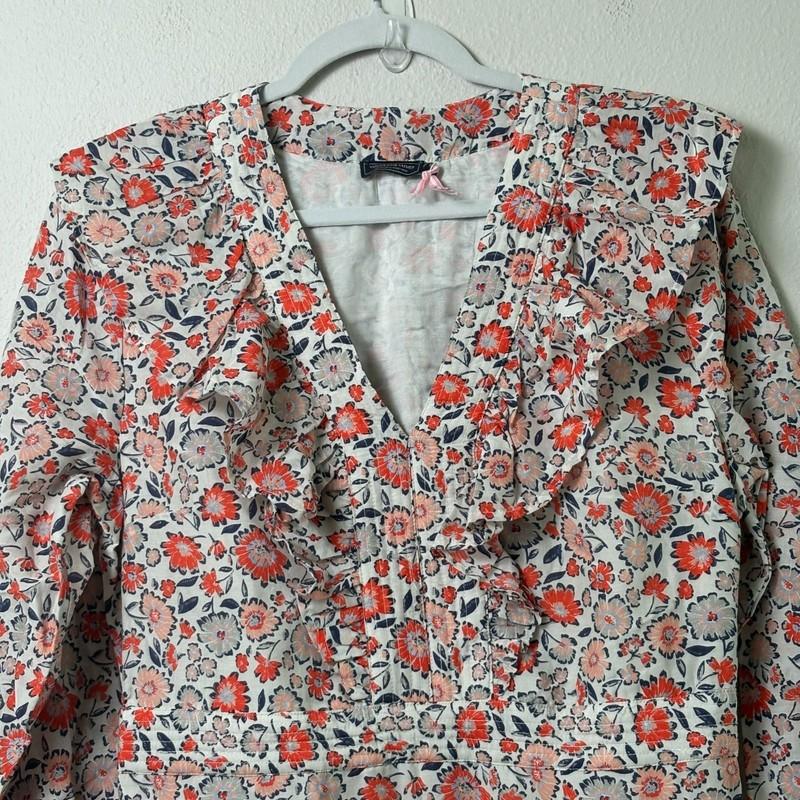 Vineyard Vines Ruffle Mini Dress Size 10 Blue Orange Floral V Neck Long Sleeves