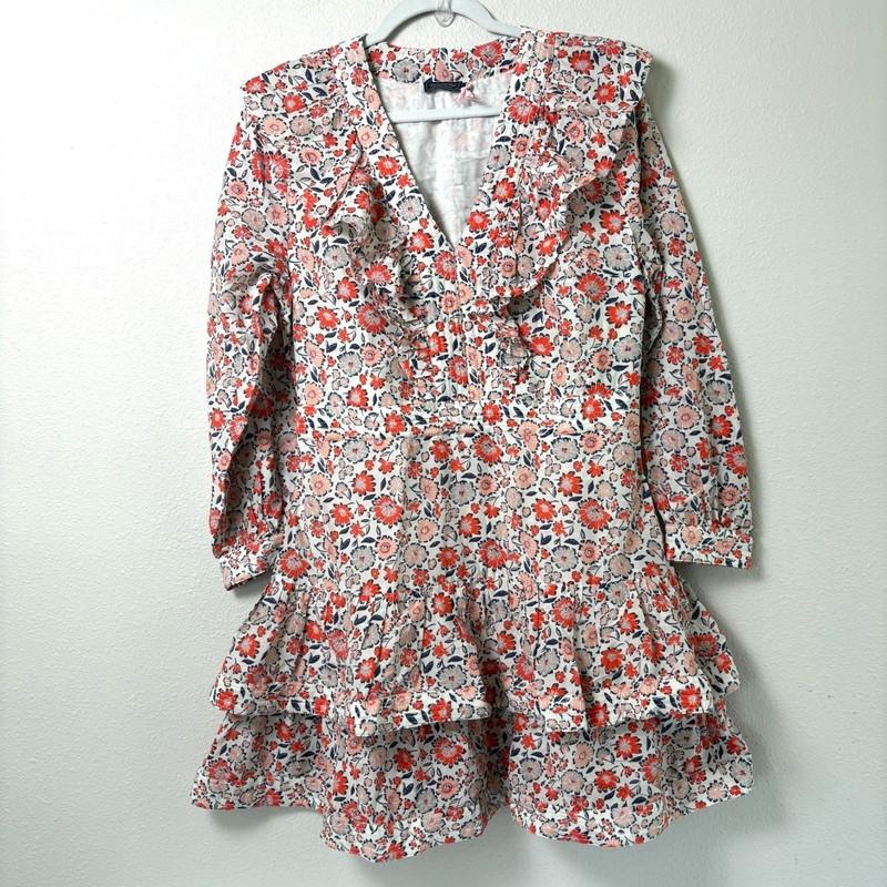 Vineyard Vines Ruffle Mini Dress Size 10 Blue Orange Floral V Neck Long Sleeves
