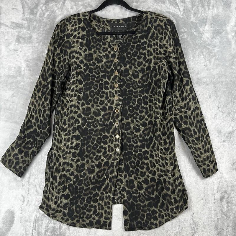 Vintage 100% Silk Satin Leopard Blouse Animal Print Shirt Collared Button Up