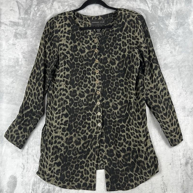 Vintage 100% Silk Satin Leopard Blouse Animal Print Shirt Collared Button Up