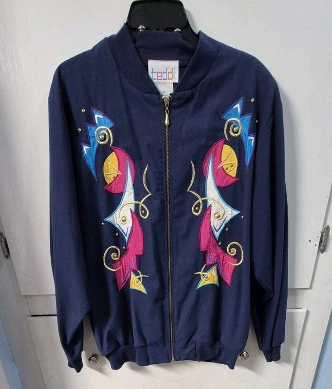 Vintage 80s 90s Teddi Woman's Medium Colorful Abstract Swirl Art Zip-Up Jacket