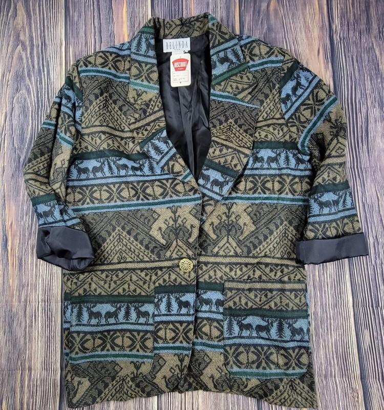 Vintage 80s Belinda Tapestry Blazer Jacket M Fair Isle Moose Western New NWT