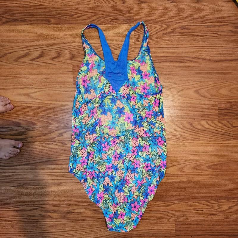 Vintage 90s Tan Thru Solar Swimsuit Womens 13/14 Flowers Neon Lightweight Mesh