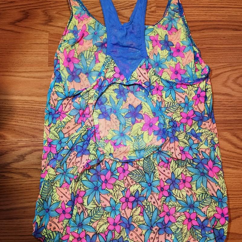 Vintage 90s Tan Thru Solar Swimsuit Womens 13/14 Flowers Neon Lightweight Mesh