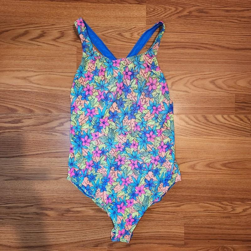 Vintage 90s Tan Thru Solar Swimsuit Womens 13/14 Flowers Neon Lightweight Mesh