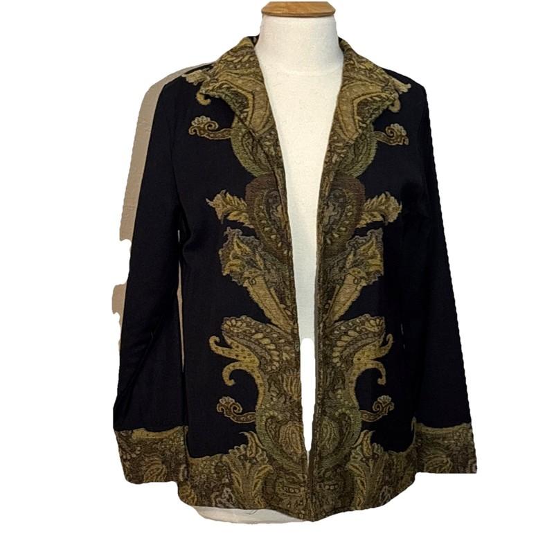 Vintage ANU Women’s Black Wool Jacket With Tapestry Trim Size Medium Boho