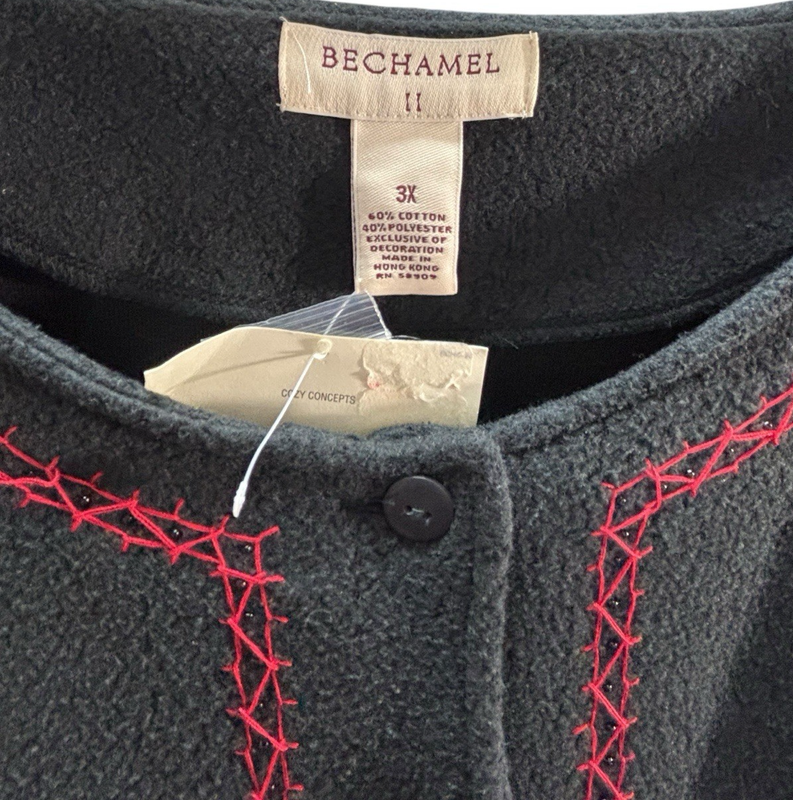 Vintage Bechamel II NWT Women’s 3X Black Fleece Sweater Cardigan Red Embroidery