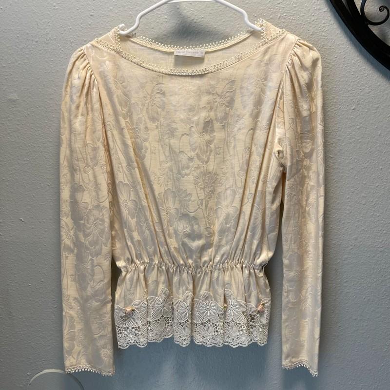 Vintage Carol Peretz Cream Floral Two-Piece Silk Wool Peplum Top Skirt Lace Hem