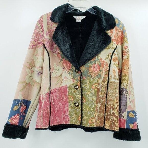 Vintage Fox Fire Faux Suede Jacket Size M Multicolor Floral Fur Lined Artsy Boho