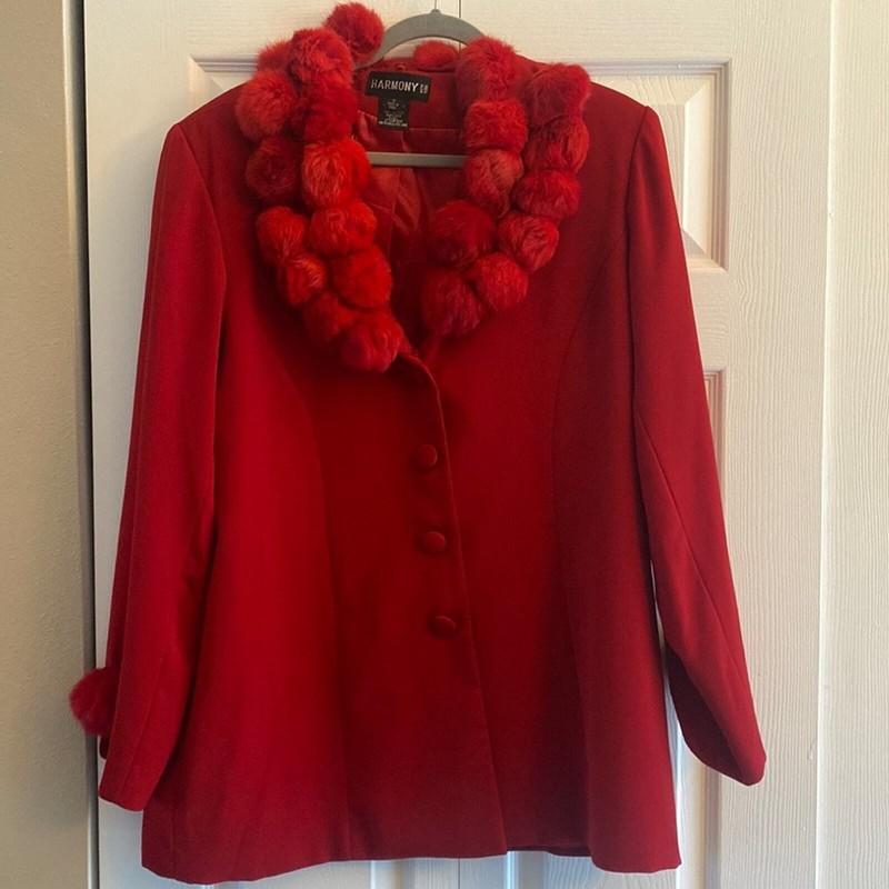 Vintage Harmony New York Red jacket with Pom Pom neckline size 14