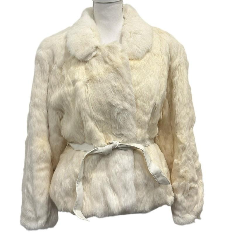 Vintage Ivory Genuine Rabbit Fur Satin Lined Belted Coat Mob Wife Glam Old Money