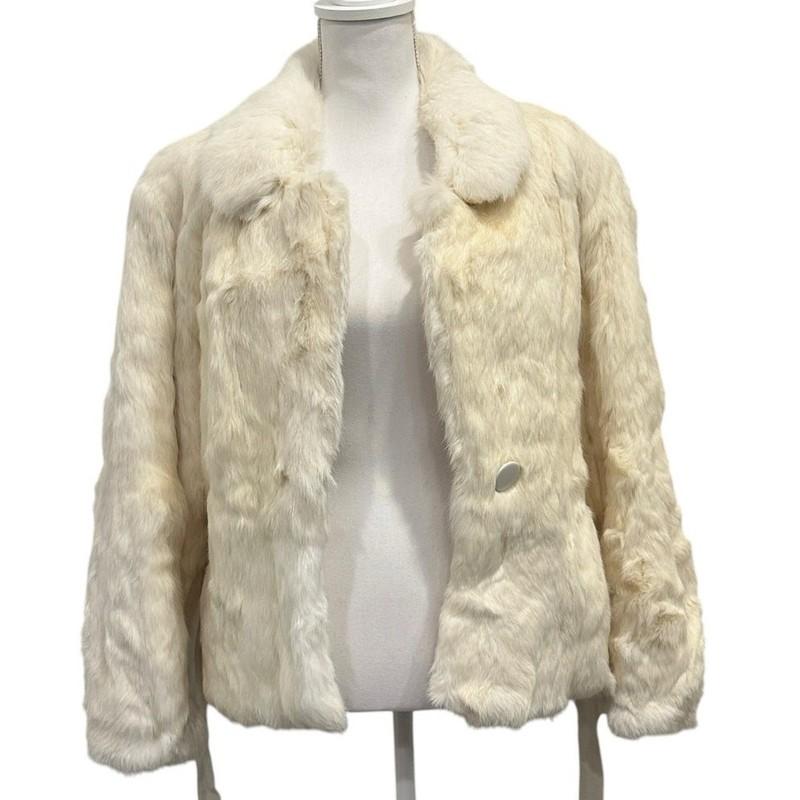 Vintage Ivory Genuine Rabbit Fur Satin Lined Belted Coat Mob Wife Glam Old Money