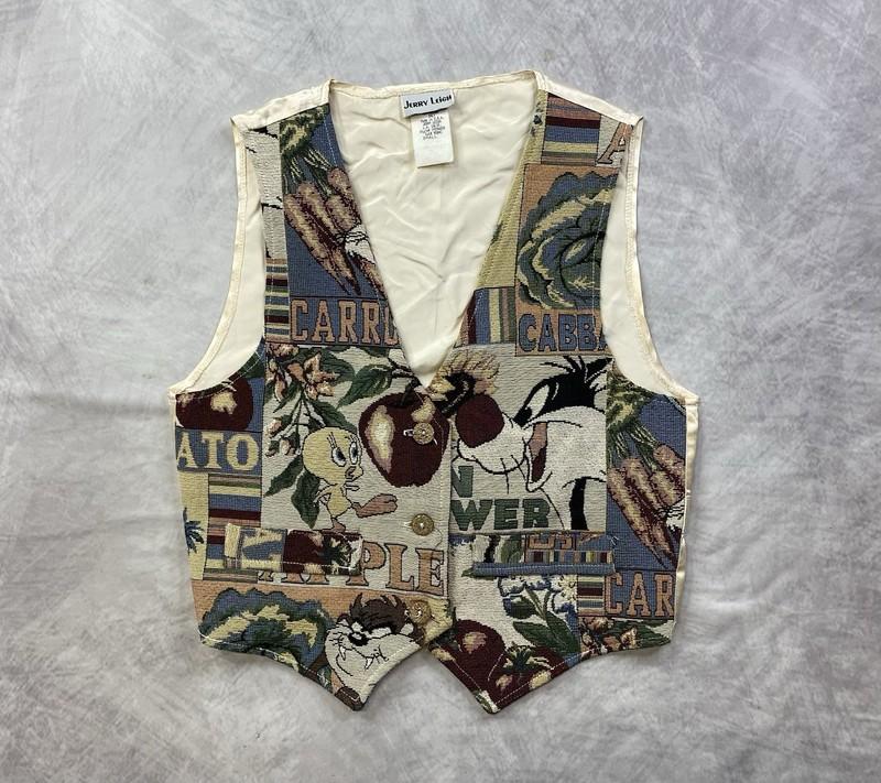 Vintage Jerry Leigh Womens Looney Tunes Tapestry Cartoon Vest Size Small Tweety