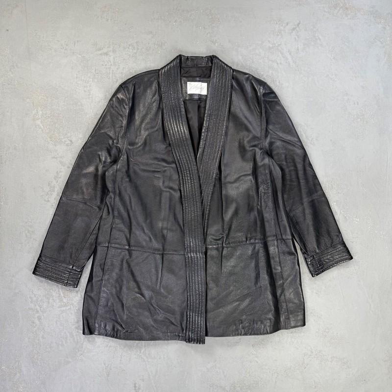 Vintage Lord & Taylor Black Leather Open Front Jacket Women's 12