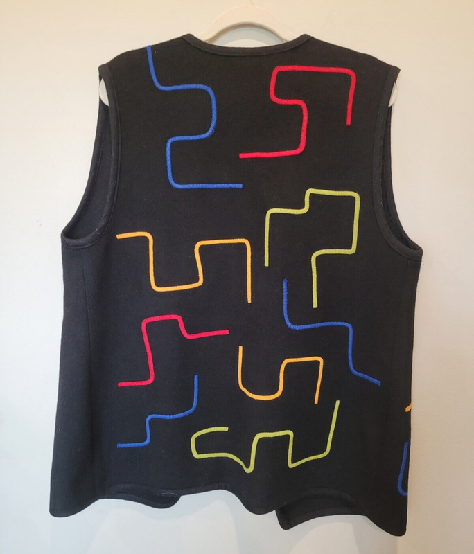 Vintage Marylou Ozbolt Storer Art To Wear Vest Black With Lines Sz M Medium