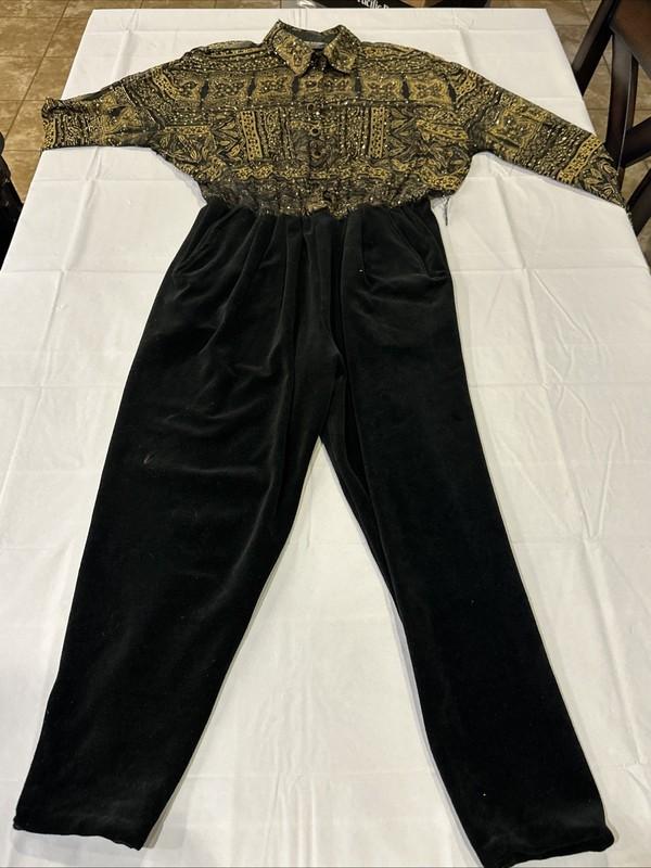 Vintage PG Collections Black & Gold Velvet Sparkly Jumpsuit Size L - Mesh Top