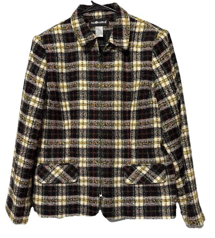 Vintage Sag Harbor Jacket Womens Sz 14 Plaid Zip Front Lined Acrylic Retro Y2K