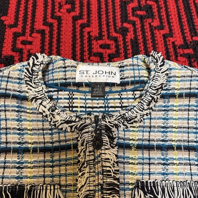 Vintage St. John Knit Tweed Jacket Zip Front Sz 4 Black Beige Blue Yellow