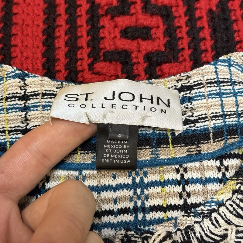 Vintage St. John Knit Tweed Jacket Zip Front Sz 4 Black Beige Blue Yellow