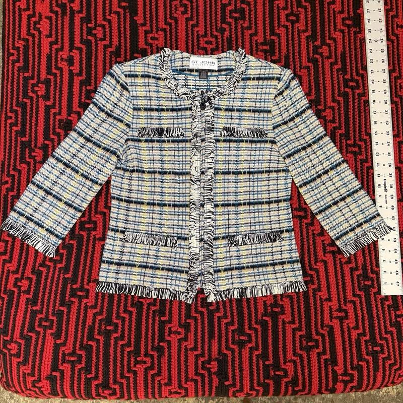 Vintage St. John Knit Tweed Jacket Zip Front Sz 4 Black Beige Blue Yellow