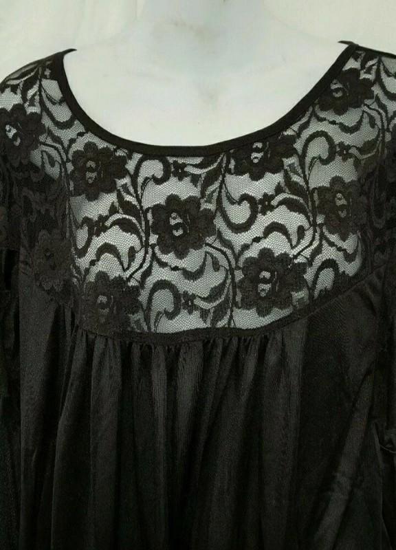 Vintage Style Black Nightgown Lace Short Sleeve Long Plus 1X 52" Bust