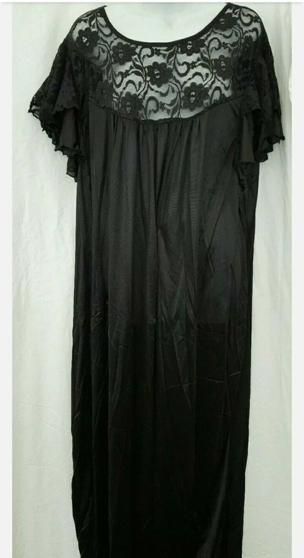 Vintage Style Black Nightgown Lace Short Sleeve Long Plus 1X 52" Bust