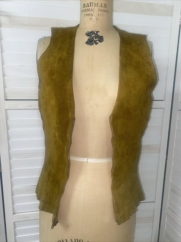 Vintage Western Handmade Tan Brown Suede Leather Fitted Vest Zip Front S/M