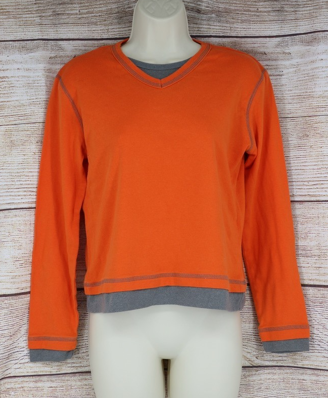 VINTAGE Womens Size Medium Pullover Layered Long Sleeve Top Shirt Orange Gray