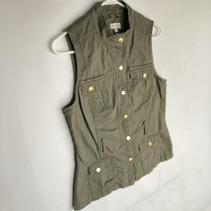 Vintage Y2k Guess Mililtary Vest Womens S Olive Cargo Utility Safari Gold Snap