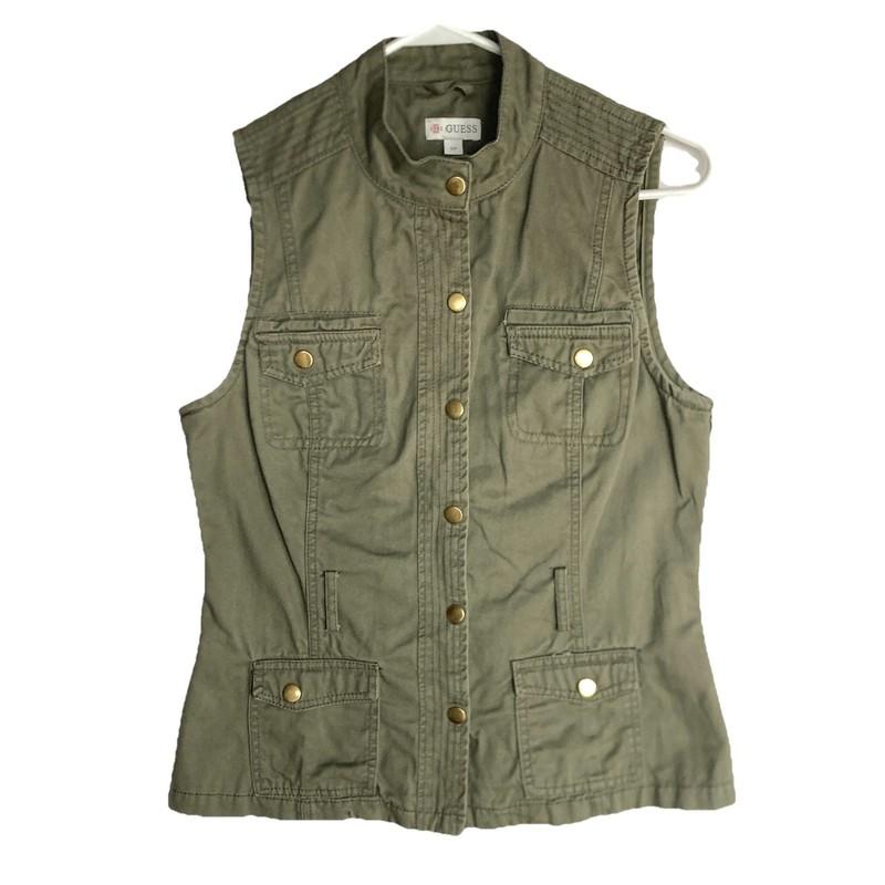 Vintage Y2k Guess Mililtary Vest Womens S Olive Cargo Utility Safari Gold Snap
