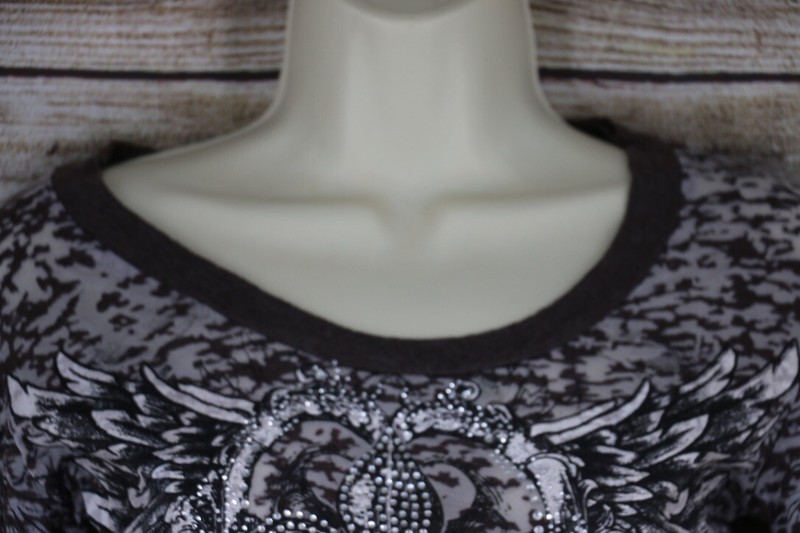 Vocal Womens Size Small Large XL Long Sleeve Rhinestones Burnout Shirt Brown