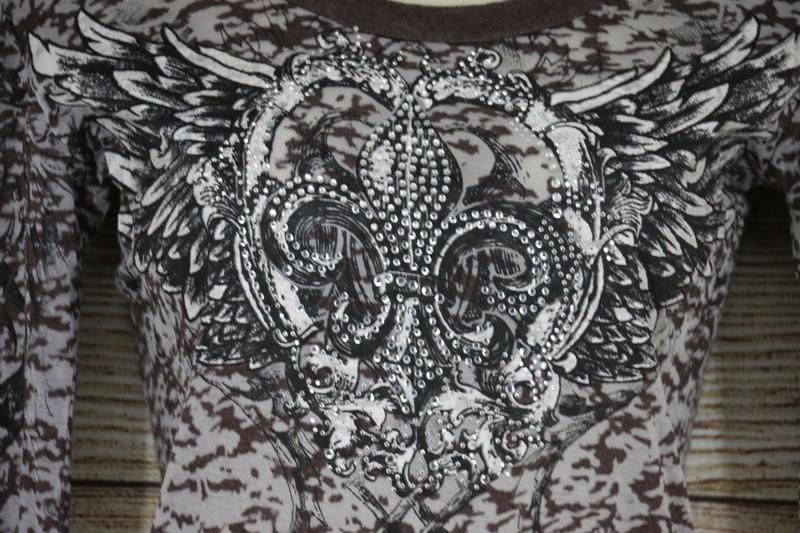 Vocal Womens Size Small Large XL Long Sleeve Rhinestones Burnout Shirt Brown
