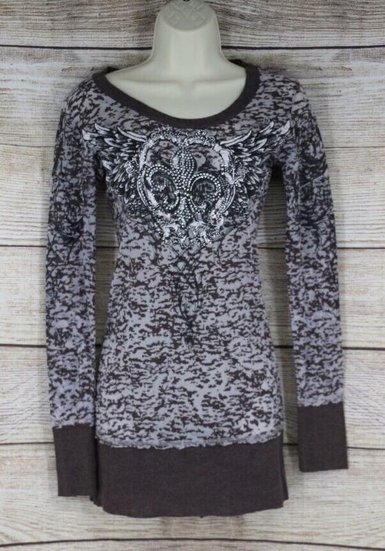 Vocal Womens Size Small Large XL Long Sleeve Rhinestones Burnout Shirt Brown