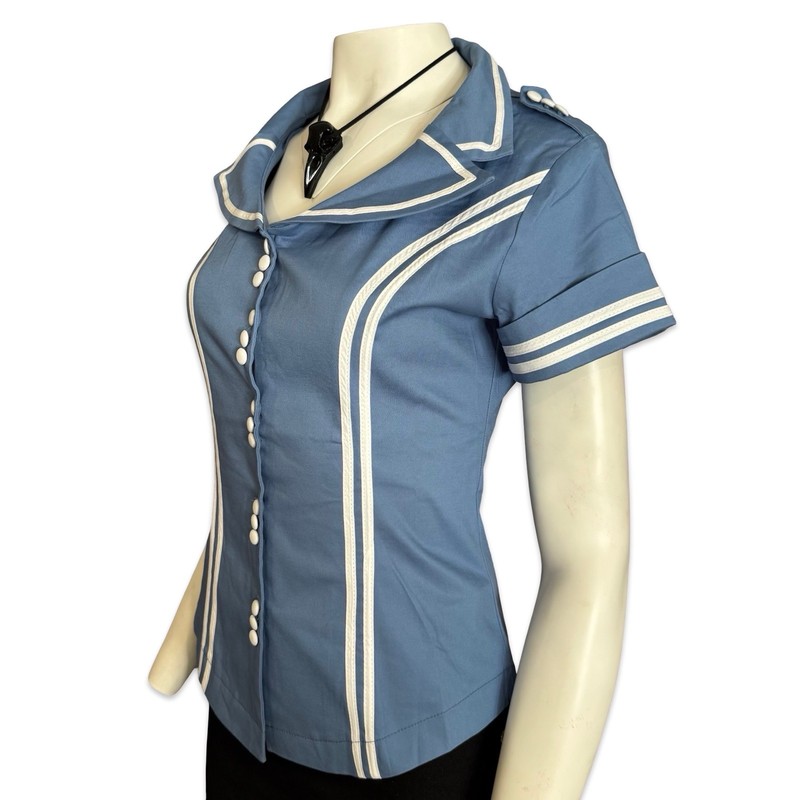 Voodoo Vixen Retro Vintage Look Blue Short Sleeve Flight Attendant Top Shirt